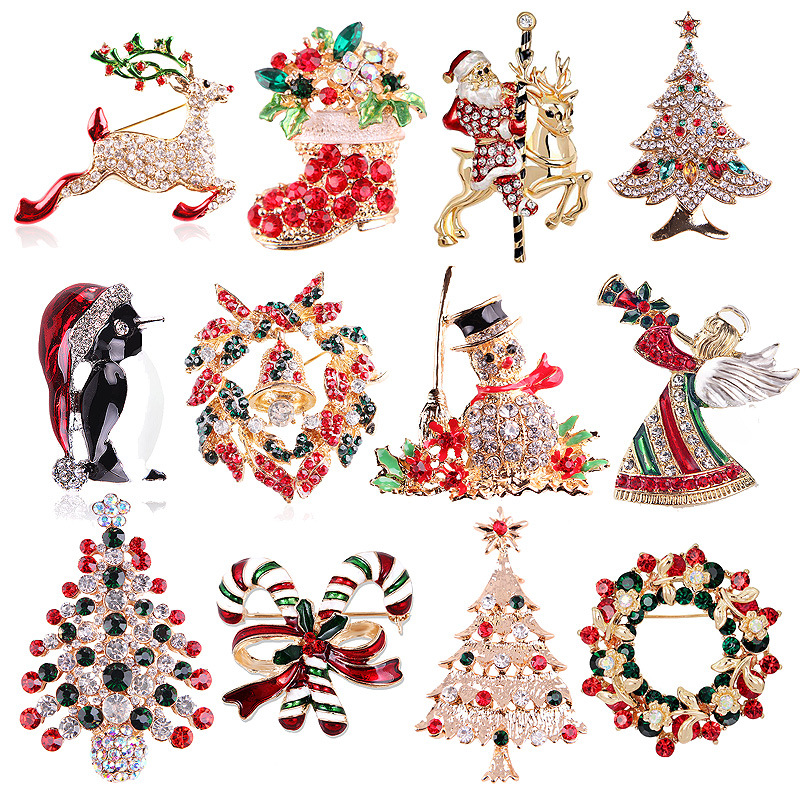 Vintage Collectible Pins - مجموعة دبابيس الكريسماس الكلاسيكية المرصعة بالأحجار